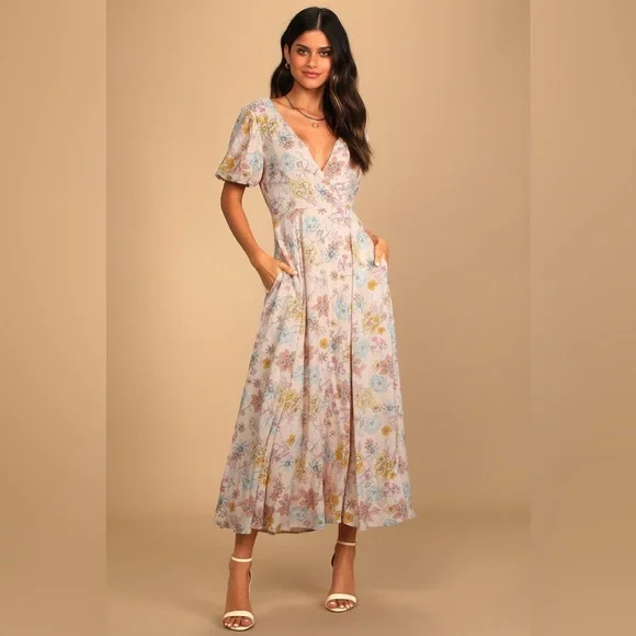 Lulu's Flourishing Feelings Pink Floral Print Puff Sleeve Midi Dress - Picture 1 of 12